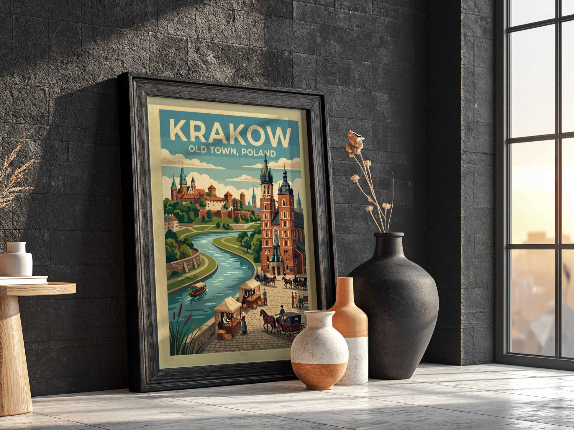 Travel poster of Krakow Old Town, Poland, featuring a river, historic buildings, and carriages.