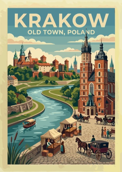 Travel poster of Krakow Old Town, Poland, featuring a river, historic buildings, and carriages.