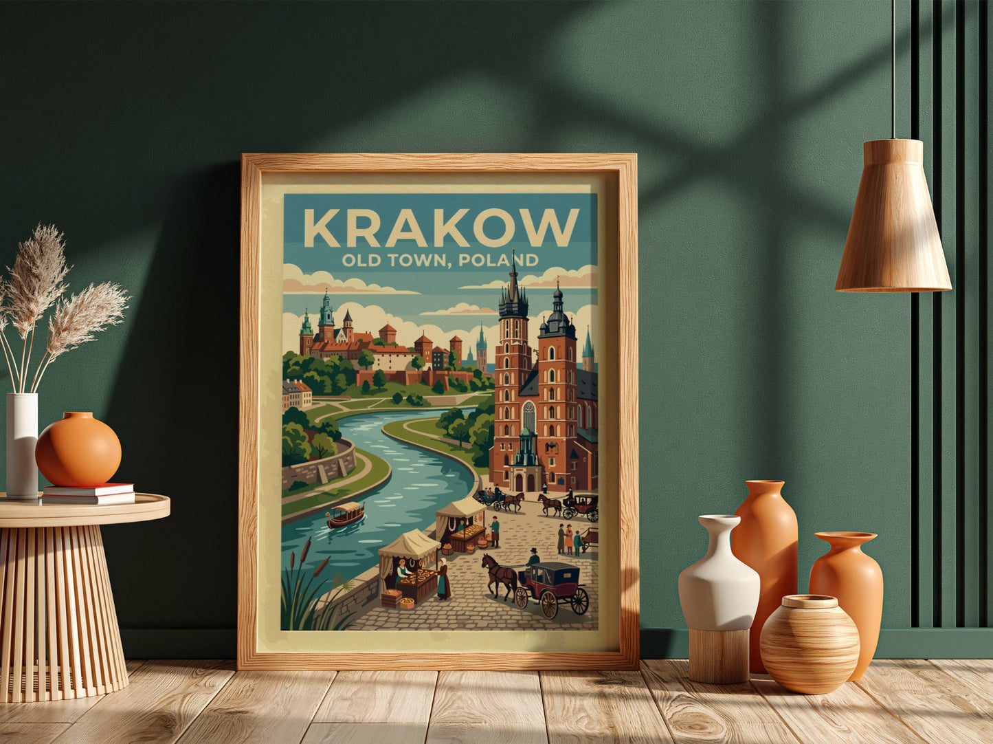 Travel poster of Krakow Old Town, Poland, featuring a river, historic buildings, and carriages.