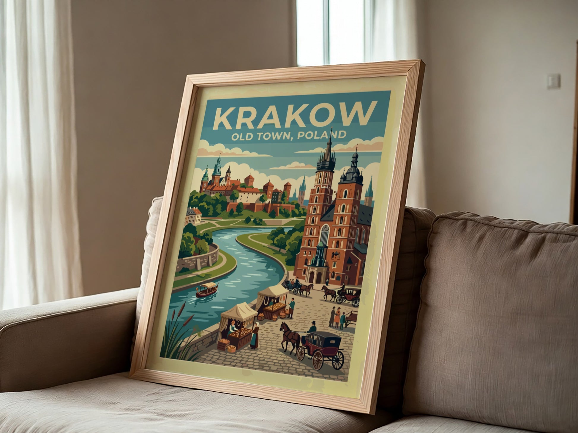 Travel poster of Krakow Old Town, Poland, featuring a river, historic buildings, and carriages.