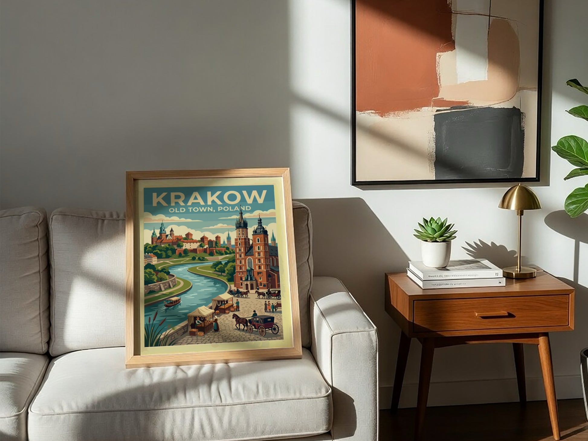 Travel poster of Krakow Old Town, Poland, featuring a river, historic buildings, and carriages.
