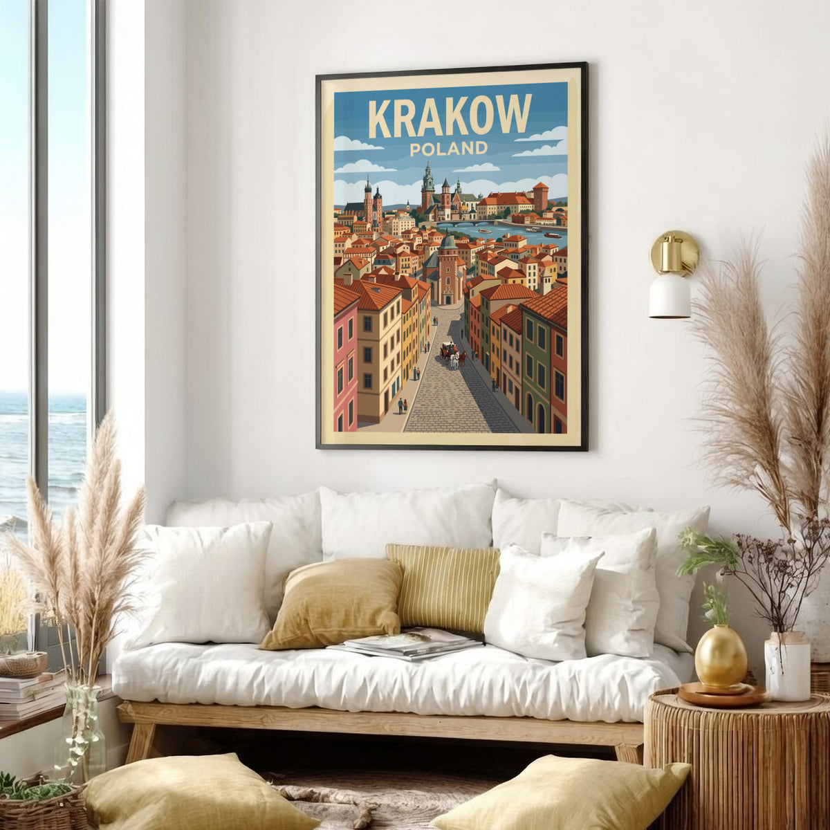 Krakow Poland travel poster featuring a cobblestone street leading to a historic riverfront skyline.