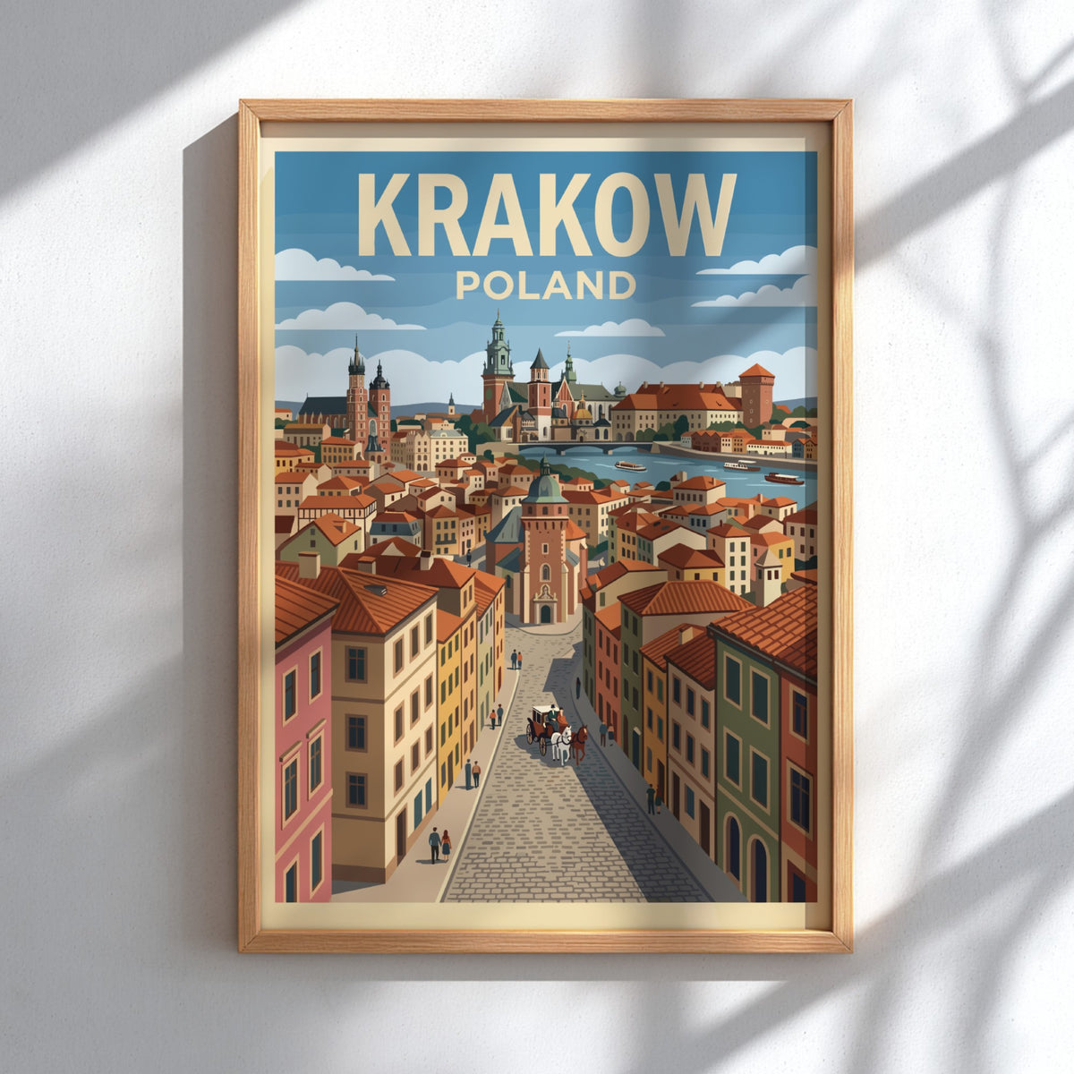 Krakow Poland travel poster featuring a cobblestone street leading to a historic riverfront skyline.