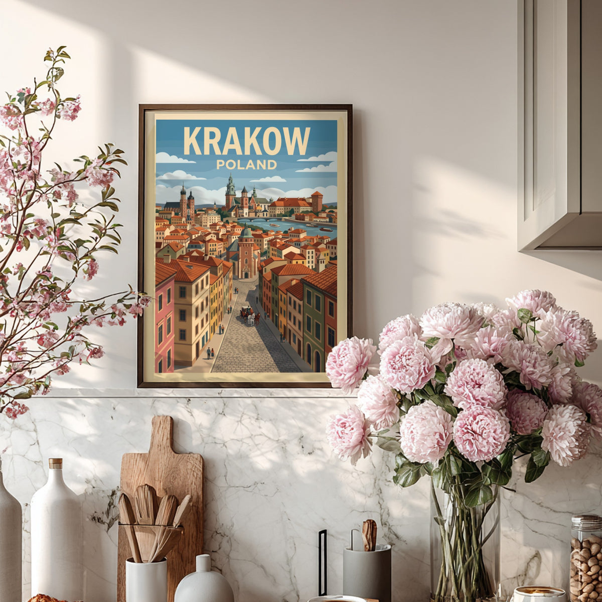 Krakow Poland travel poster featuring a cobblestone street leading to a historic riverfront skyline.