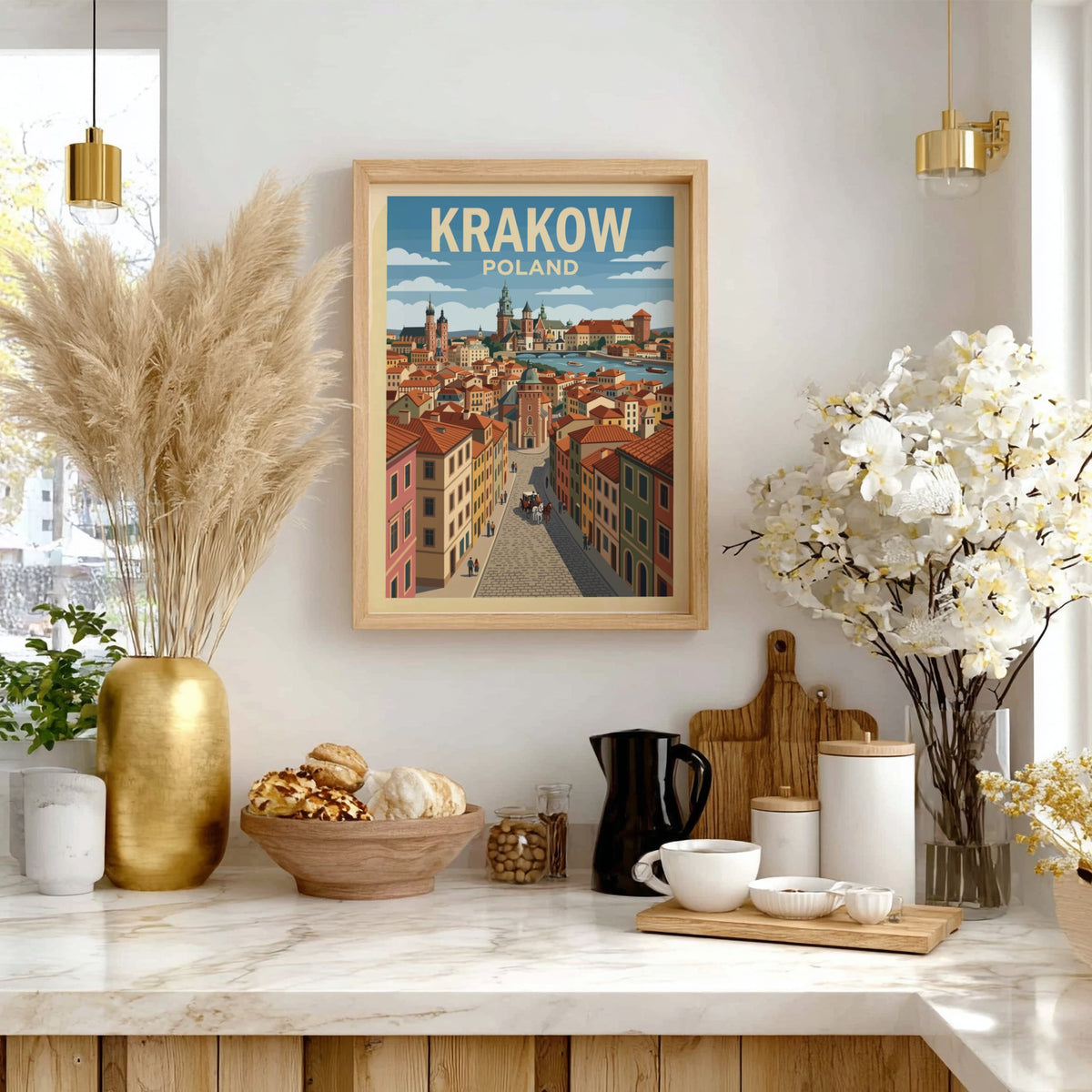 Krakow Poland travel poster featuring a cobblestone street leading to a historic riverfront skyline.