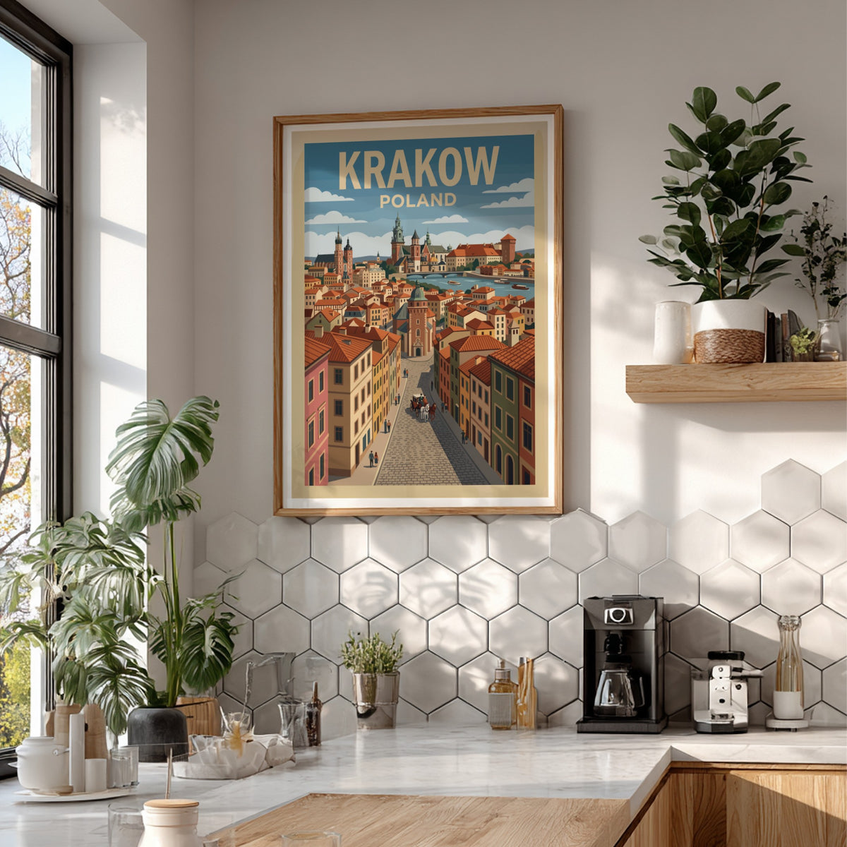 Krakow Poland travel poster featuring a cobblestone street leading to a historic riverfront skyline.
