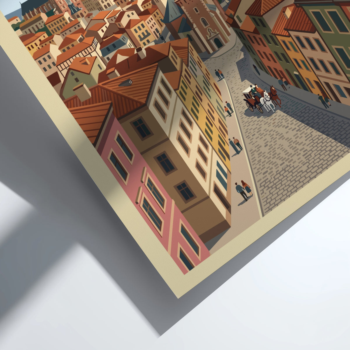 Krakow Poland travel poster featuring a cobblestone street leading to a historic riverfront skyline.