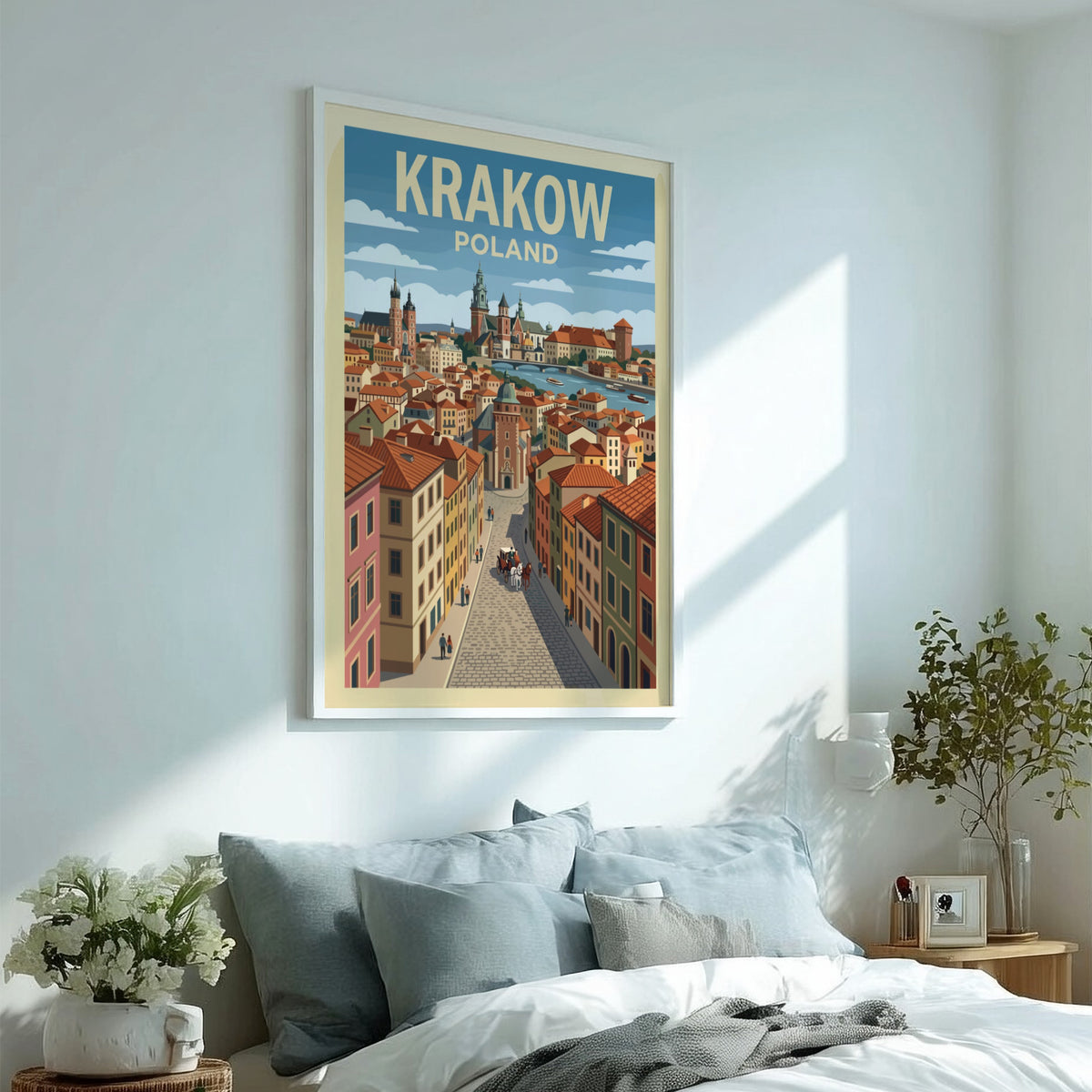 Krakow Poland travel poster featuring a cobblestone street leading to a historic riverfront skyline.
