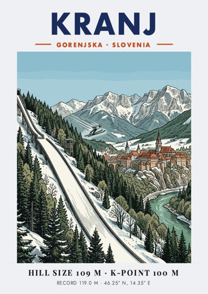 Poster of Kranj Slovenia featuring a ski jumper above a historic town and mountains.