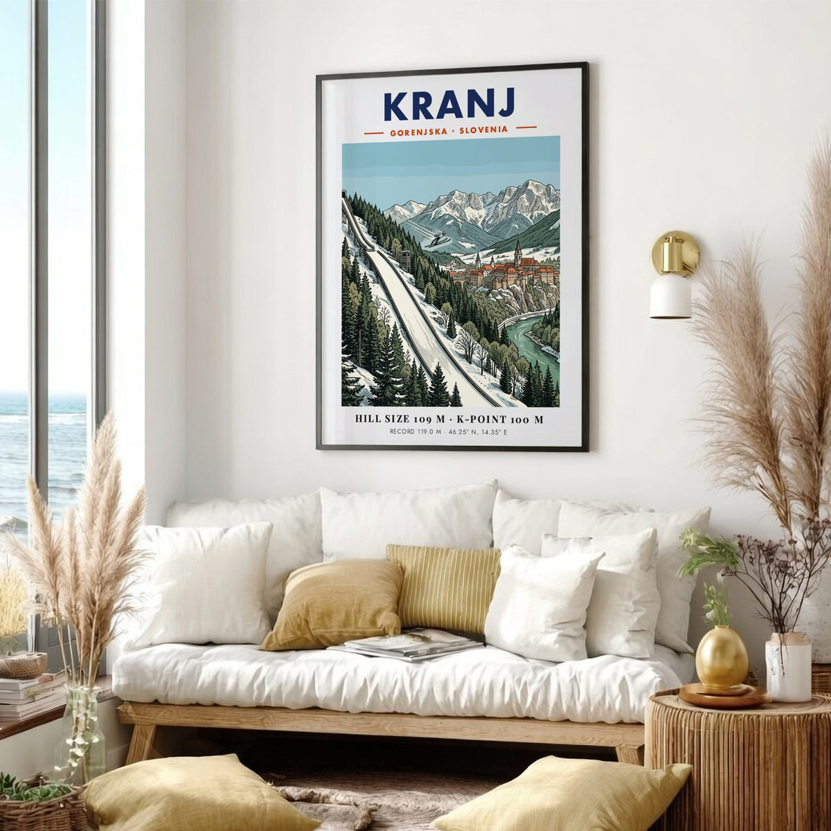 Poster of Kranj Slovenia featuring a ski jumper above a historic town and mountains.