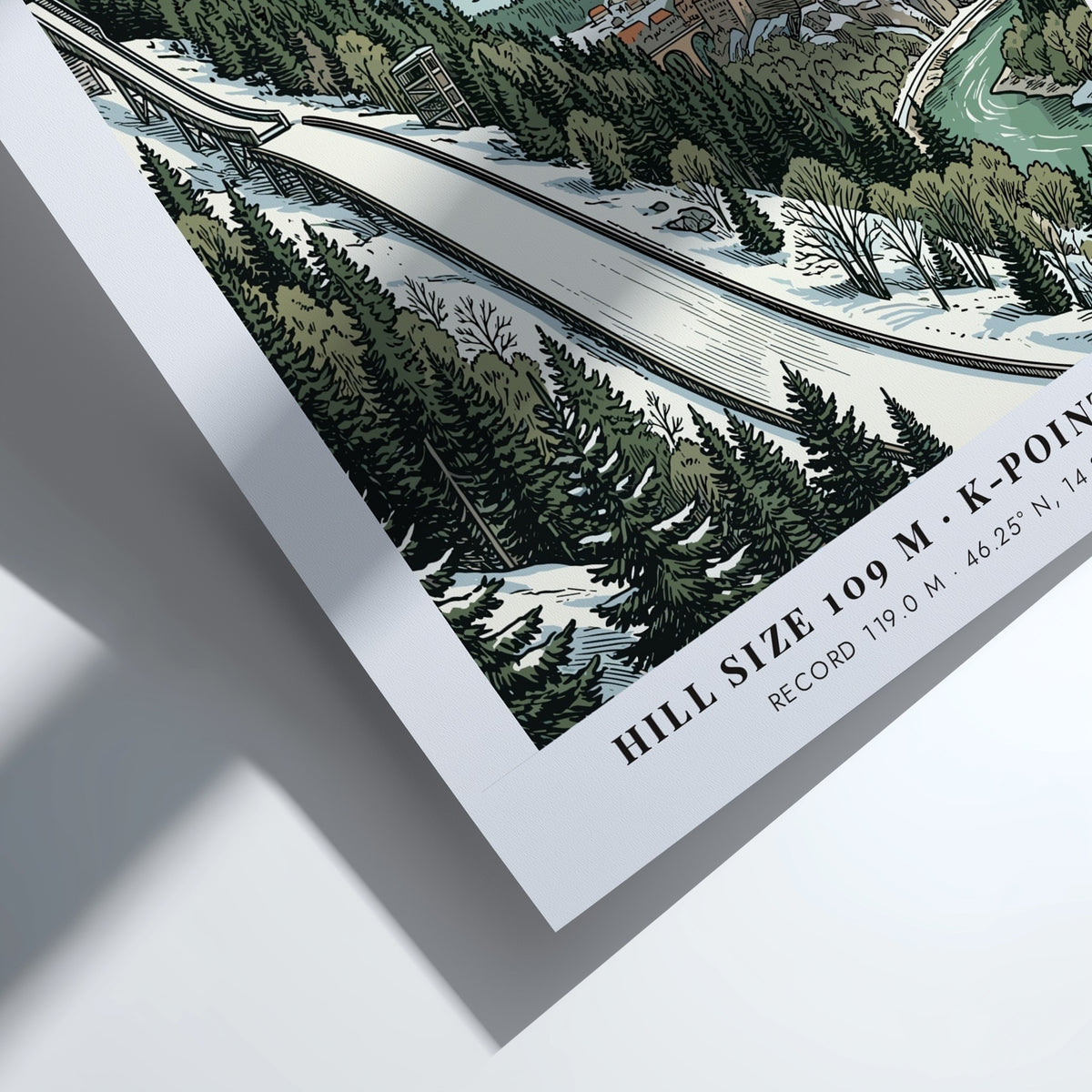 Poster of Kranj Slovenia featuring a ski jumper above a historic town and mountains.