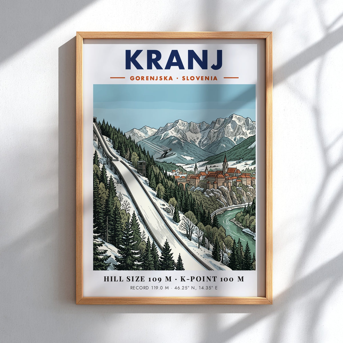 Poster of Kranj Slovenia featuring a ski jumper above a historic town and mountains.