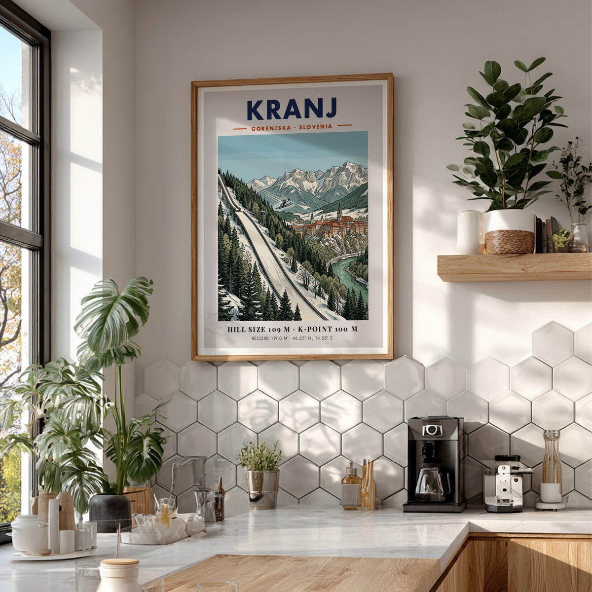 Poster of Kranj Slovenia featuring a ski jumper above a historic town and mountains.