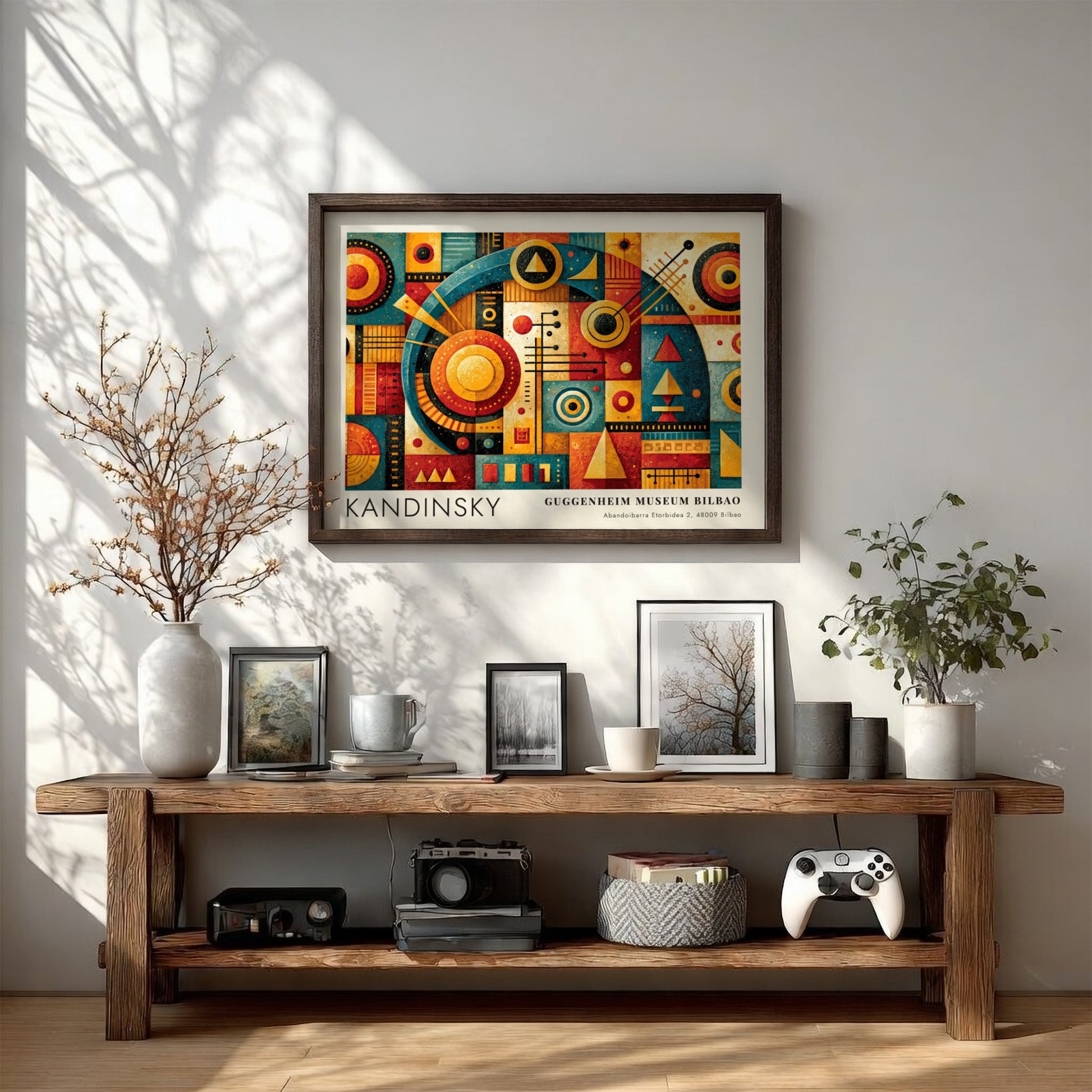 Wall art poster featuring Kandinsky geometric shapes and Guggenheim Museum Bilbao exhibition text