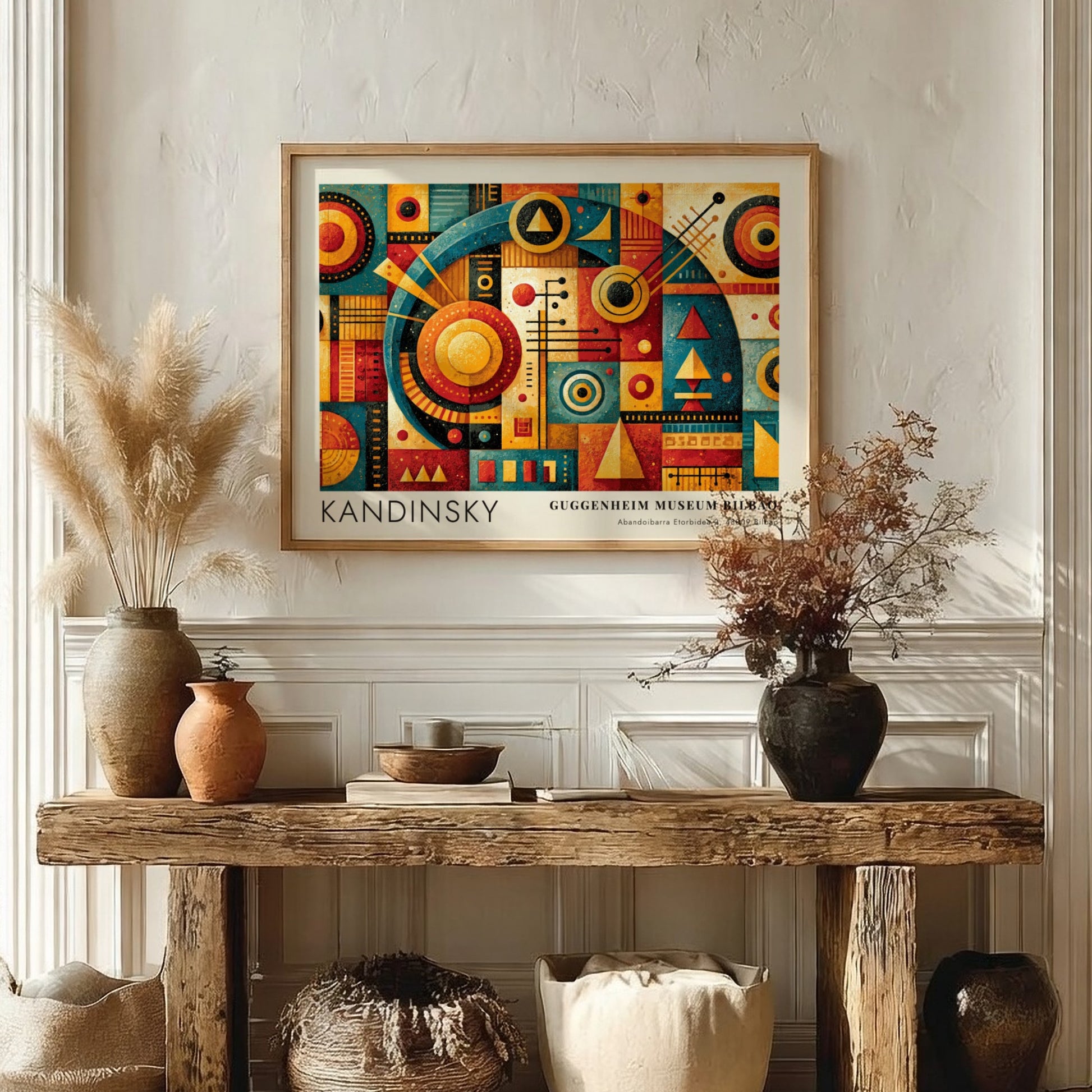 Wall art poster featuring Kandinsky geometric shapes and Guggenheim Museum Bilbao exhibition text