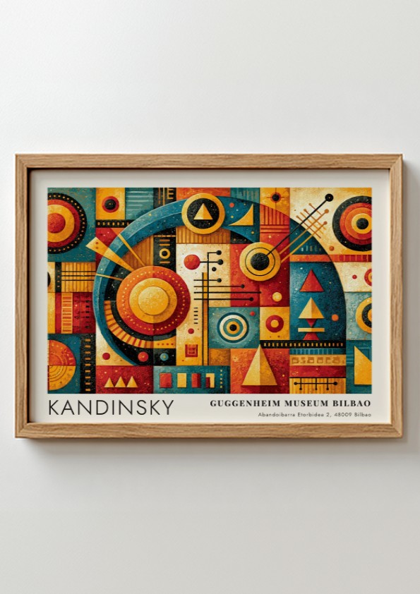Wall art poster featuring Kandinsky geometric shapes and Guggenheim Museum Bilbao exhibition text