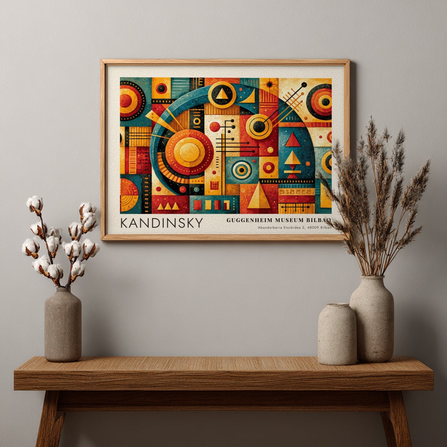 Wall art poster featuring Kandinsky geometric shapes and Guggenheim Museum Bilbao exhibition text
