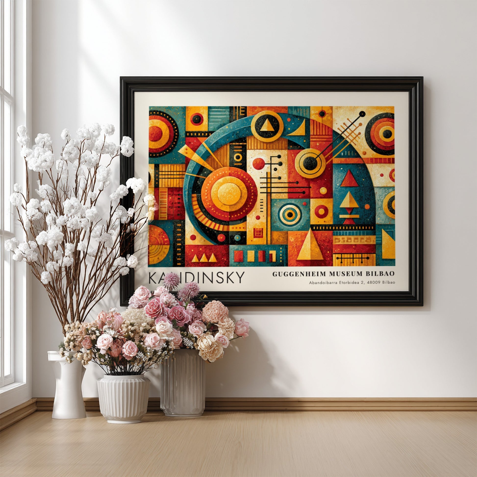 Wall art poster featuring Kandinsky geometric shapes and Guggenheim Museum Bilbao exhibition text