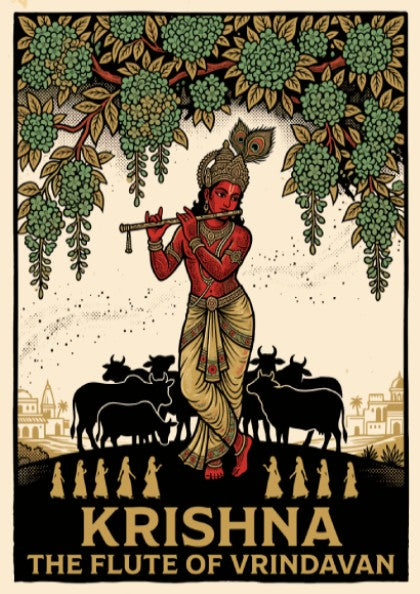 Poster featuring Krishna playing a flute under flowering trees with cows and temples.