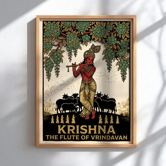 Poster featuring Krishna playing a flute under flowering trees with cows and temples.