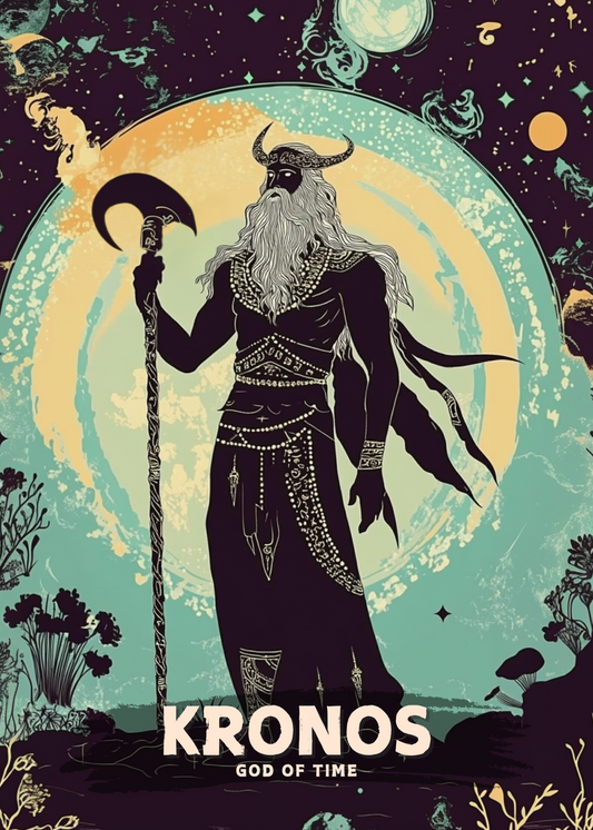 Illustration of Kronos, the God of Time, with a cosmic background