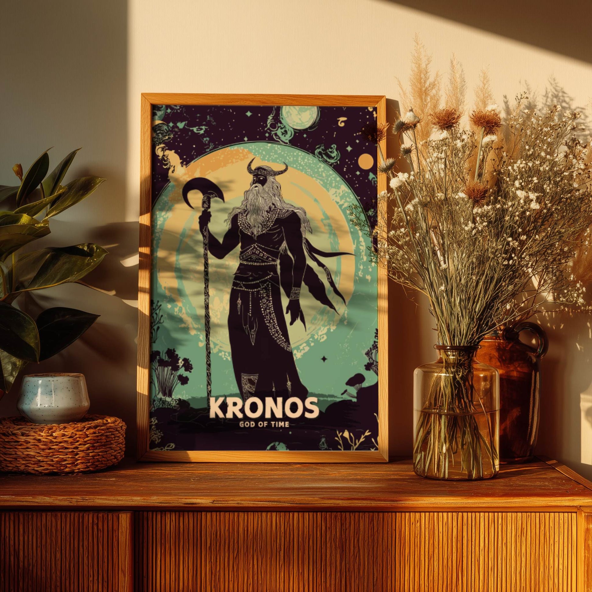 Framed poster of Kronos, God of Time, on a wooden shelf with decorative plants and a vase.