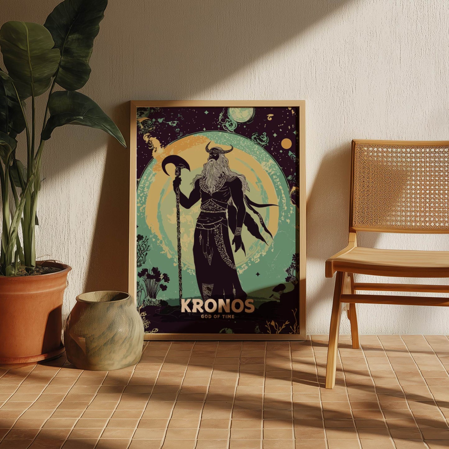 Framed poster of 'Kronos' in a room with a plant and chair.