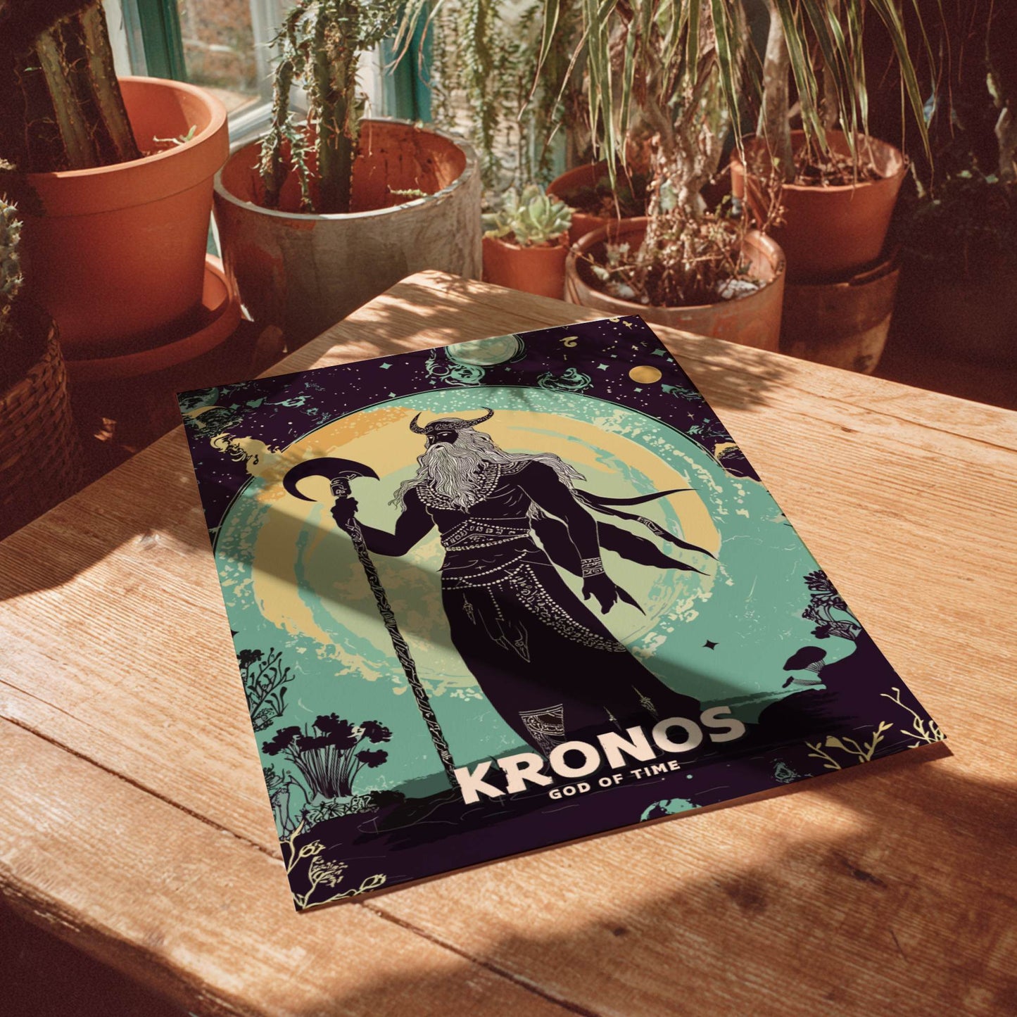 Poster of 'Kronos God of Time' on a wooden table with potted plants in the background