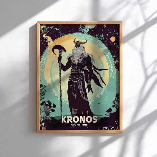 Framed poster of Kronos, the God of Time, with a cosmic background on a white wall.