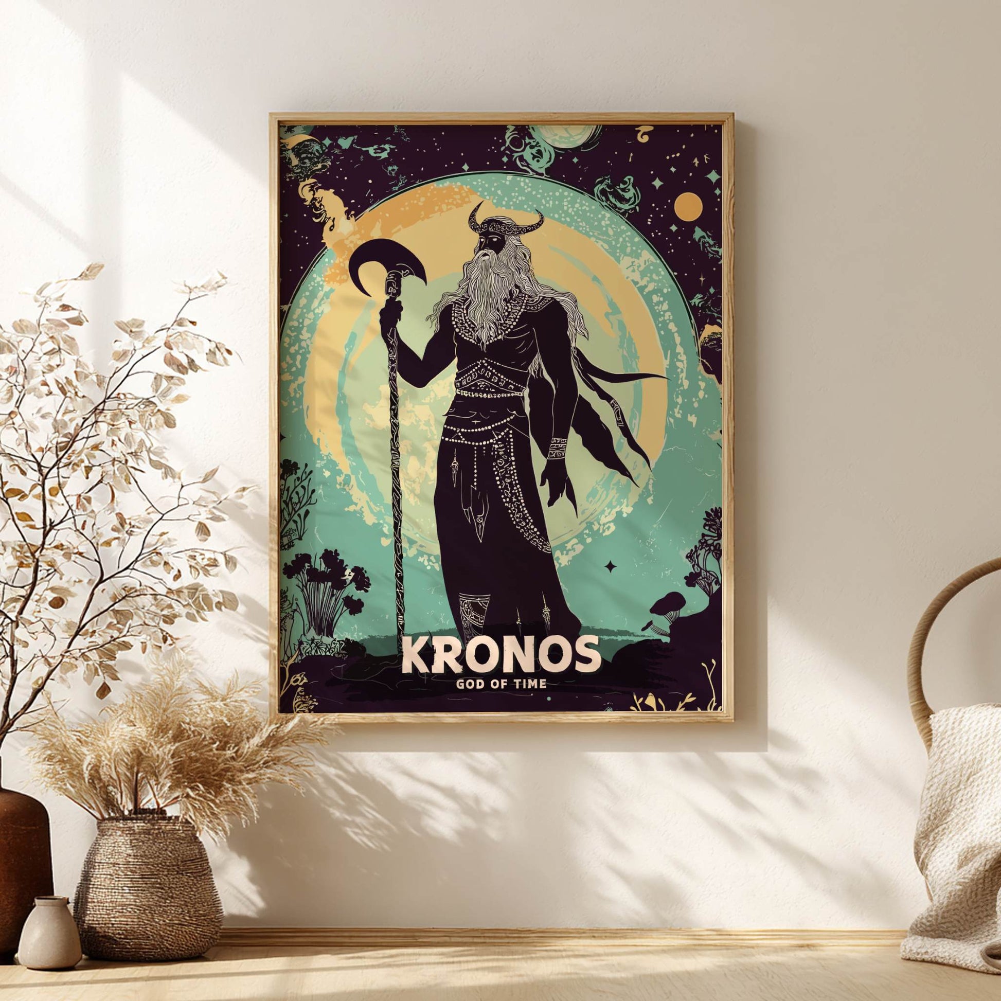 Framed poster of Kronos, God of Time, on a wall with decorative elements.