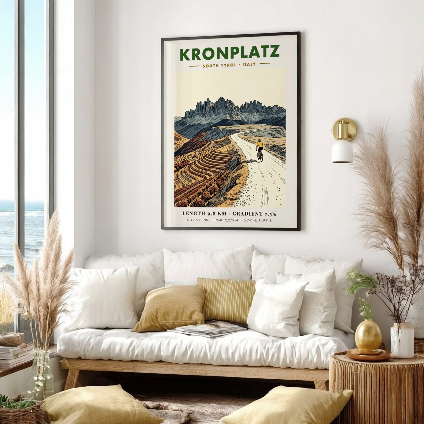 Poster of a cyclist climbing the gravel road to the Kronplatz summit peak.