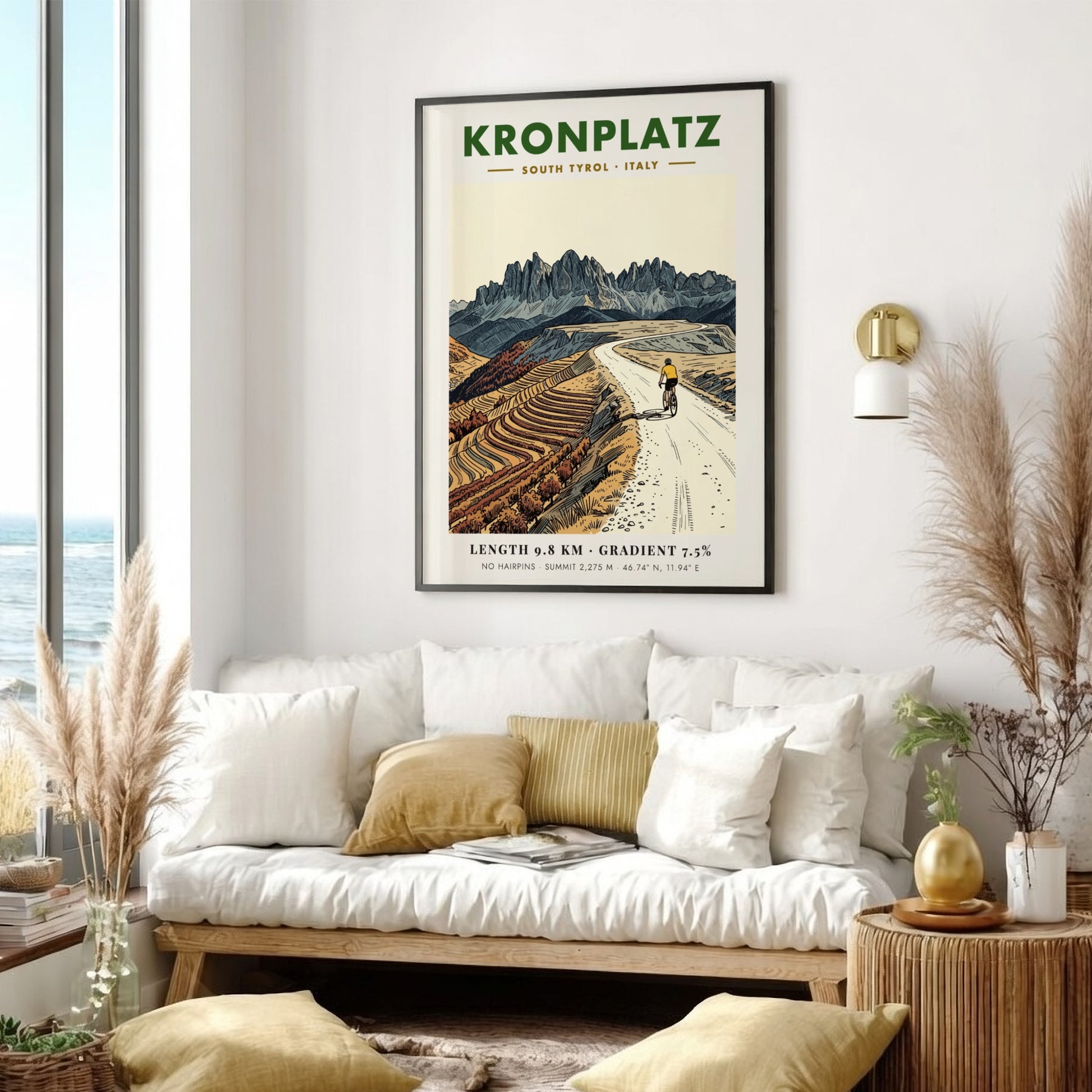 Poster of a cyclist climbing the gravel road to the Kronplatz summit peak.