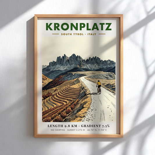 Poster of a cyclist climbing the gravel road to the Kronplatz summit peak.