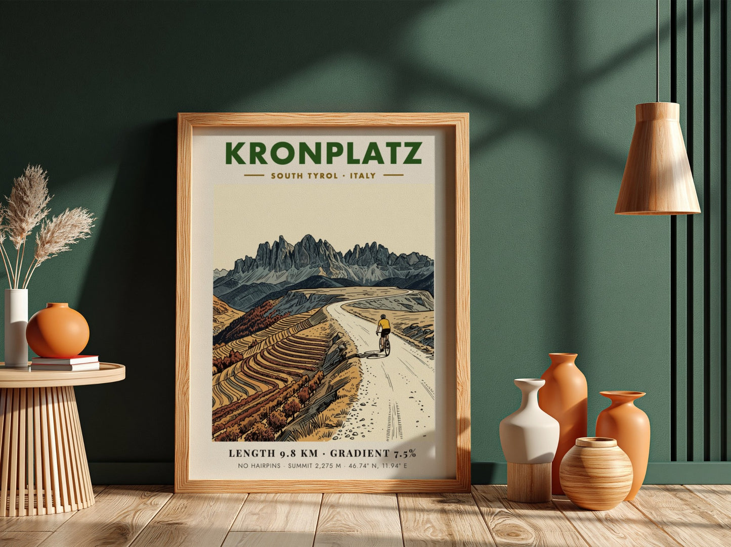 Poster of a cyclist climbing the gravel road to the Kronplatz summit peak.