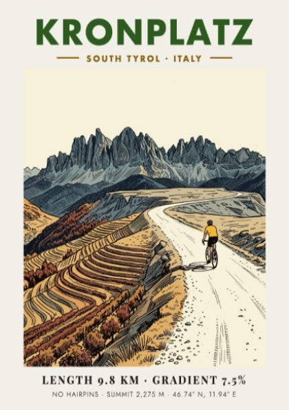 Poster of a cyclist climbing the gravel road to the Kronplatz summit peak.