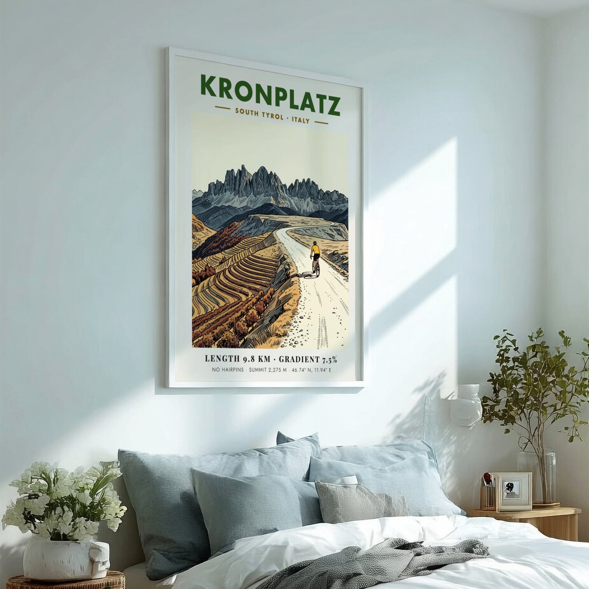 Poster of a cyclist climbing the gravel road to the Kronplatz summit peak.