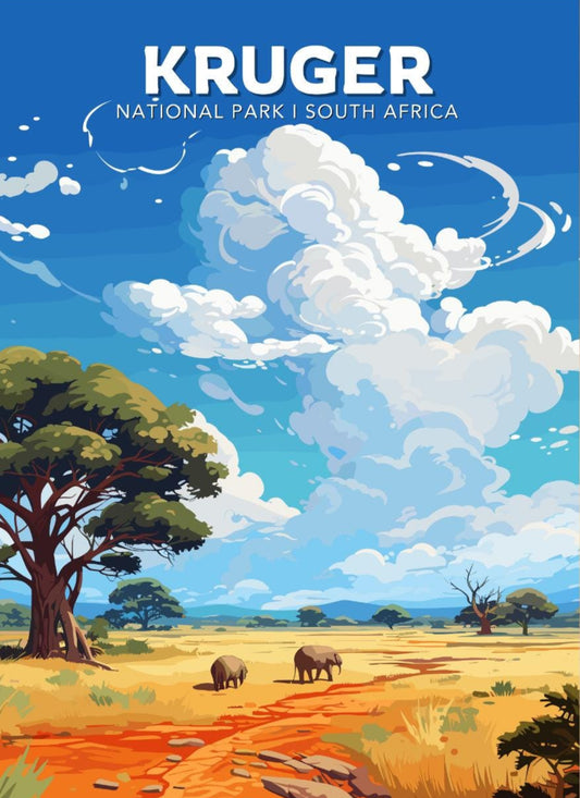 A vibrant travel poster featuring the Kruger National Park in South Africa with illustrations of elephants, a lion, and a giraffe against a backdrop of a golden sunset and expansive savanna.