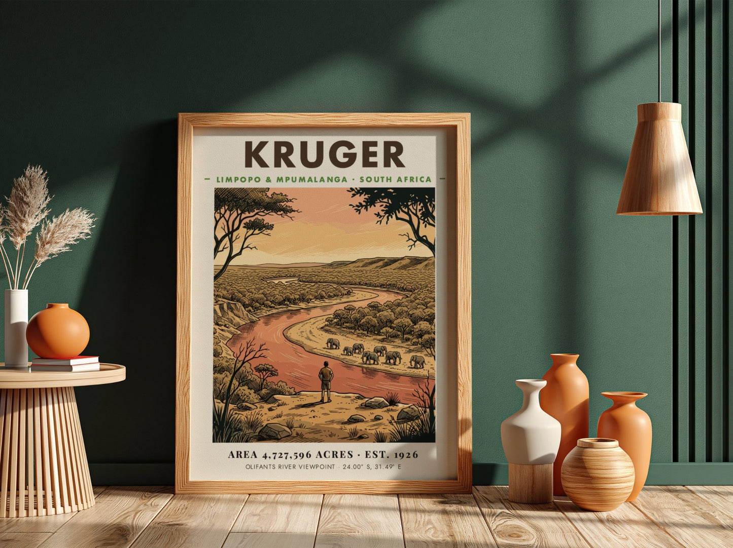 Kruger National Park poster showing an observer watching elephants near a winding river.