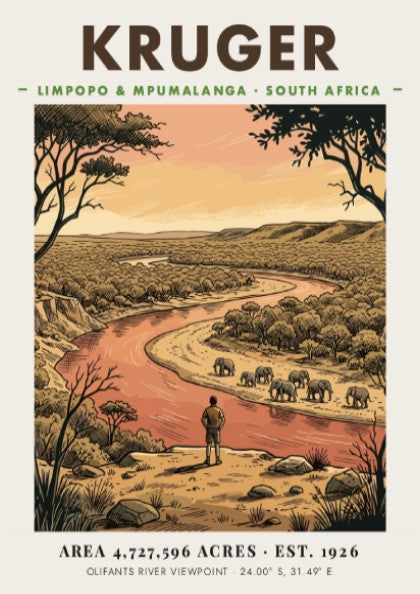Kruger National Park poster showing an observer watching elephants near a winding river.