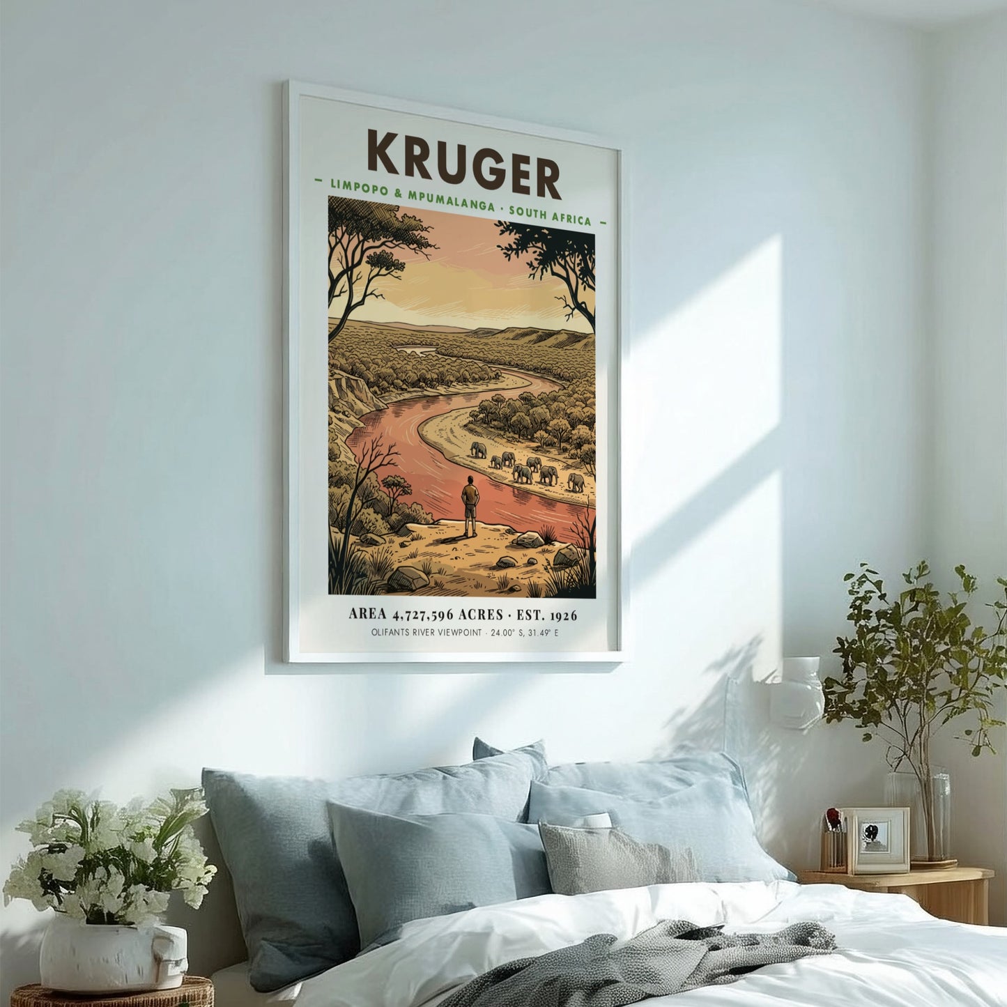 Kruger National Park poster showing an observer watching elephants near a winding river.