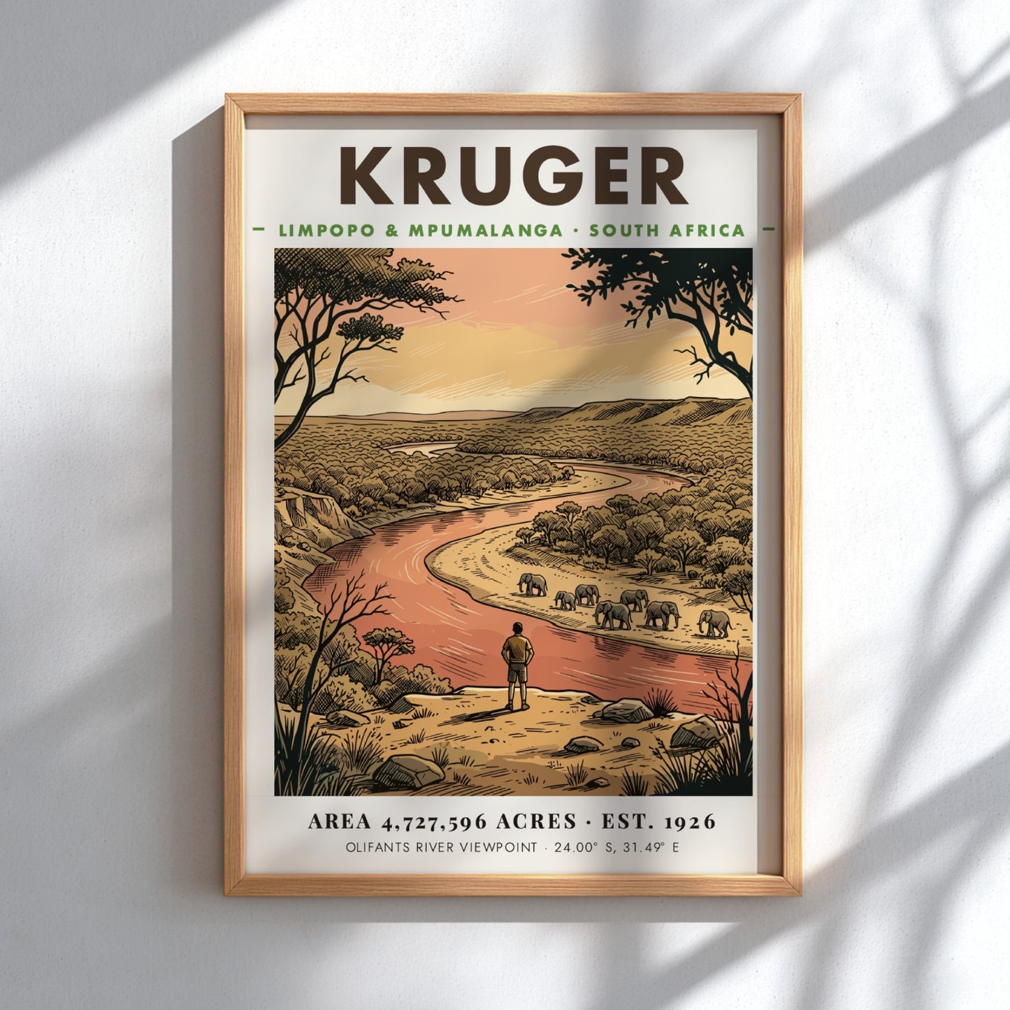 Kruger National Park poster showing an observer watching elephants near a winding river.