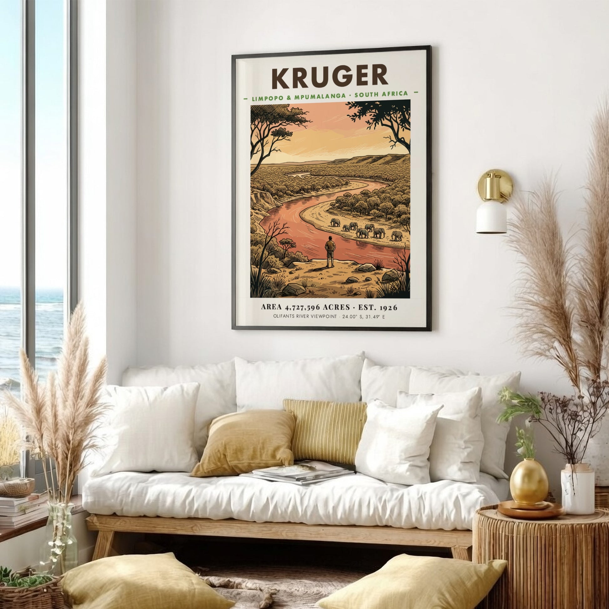 Kruger National Park poster showing an observer watching elephants near a winding river.