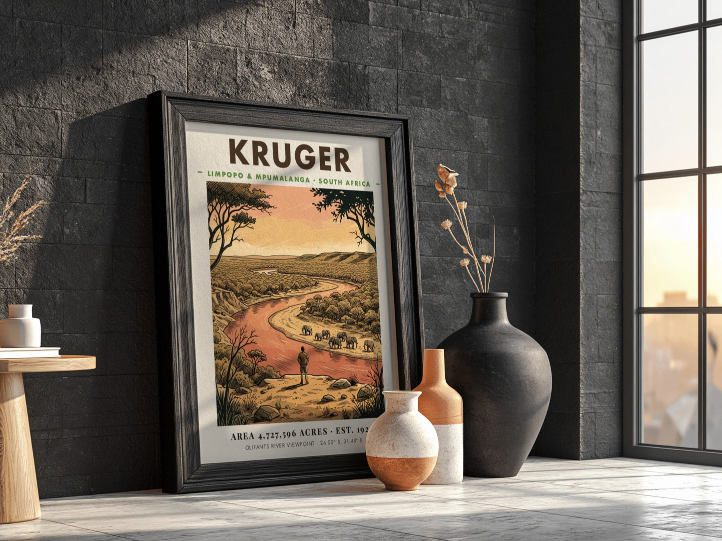Kruger National Park poster showing an observer watching elephants near a winding river.
