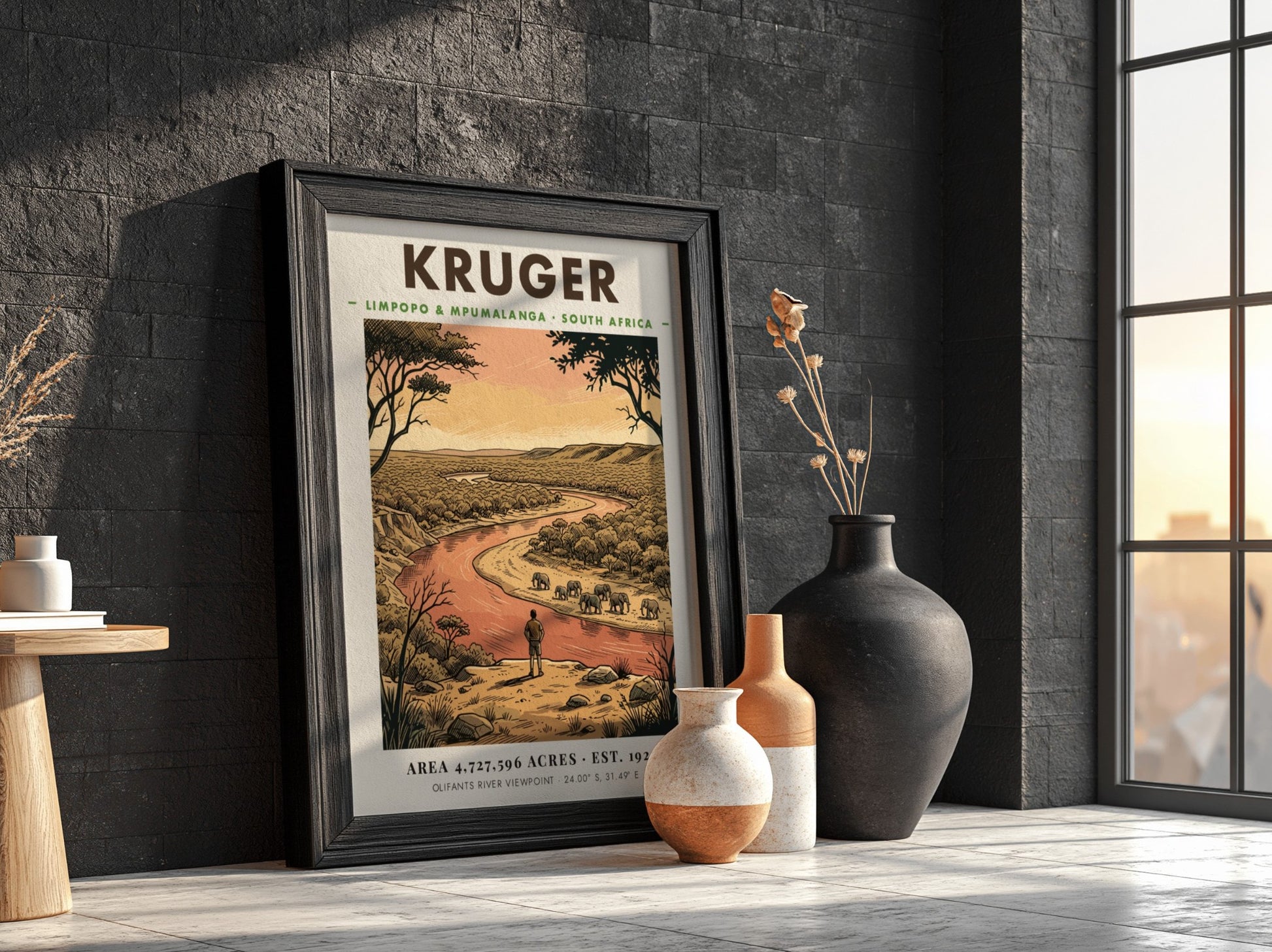 Kruger National Park poster showing an observer watching elephants near a winding river.