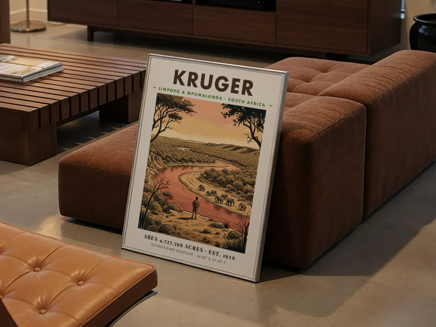 Kruger National Park poster showing an observer watching elephants near a winding river.