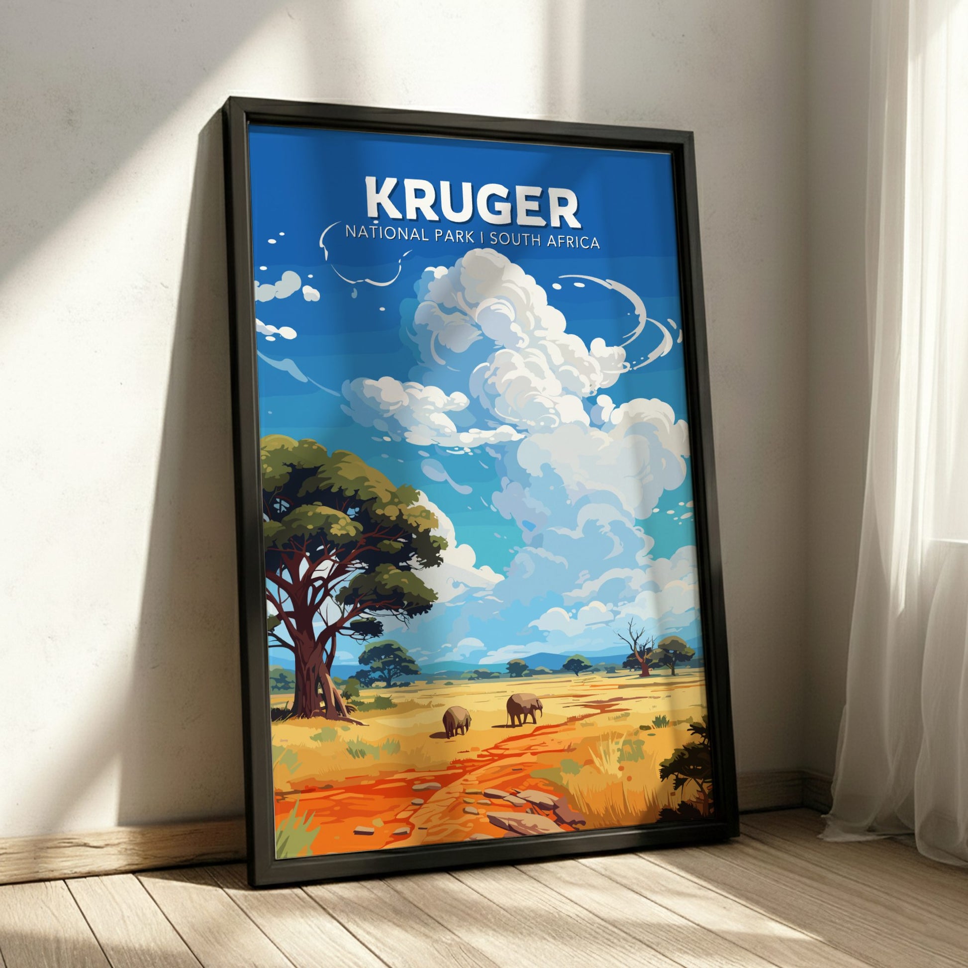 Framed poster of Kruger National Park, South Africa, with a scenic landscape.
