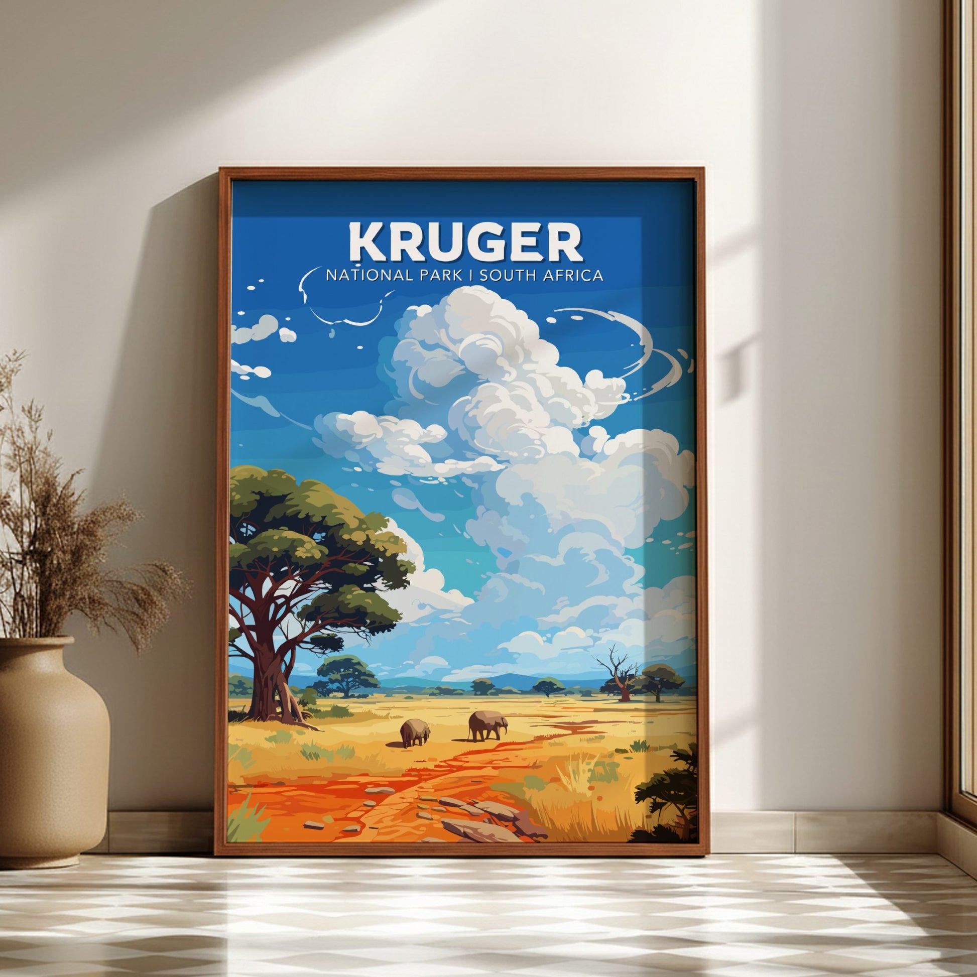 Framed poster of Kruger National Park, South Africa, with a scenic landscape and blue sky.