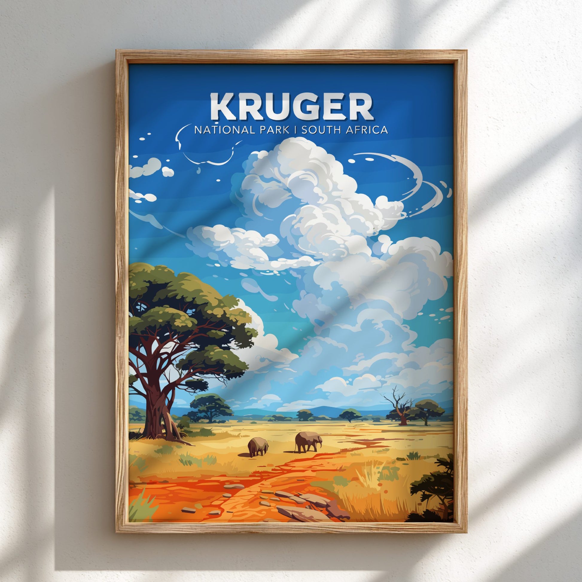 Framed poster of Kruger National Park, South Africa with a scenic landscape and blue sky.
