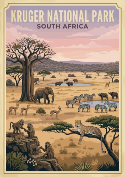 Kruger National Park poster featuring wildlife, earthy tones, and a serene savanna landscape