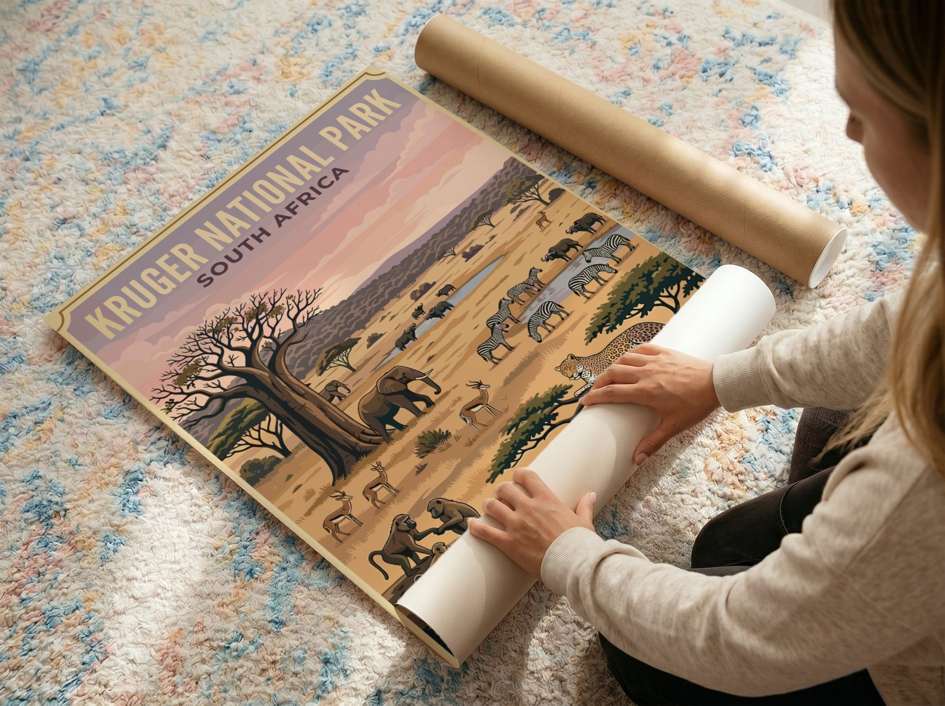 Kruger National Park poster featuring wildlife, earthy tones, and a serene savanna landscape